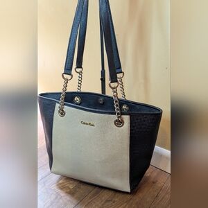 Calvin Klein Leather Black And Beige Cream Purse Bag Chain Shoulder Bag Chain